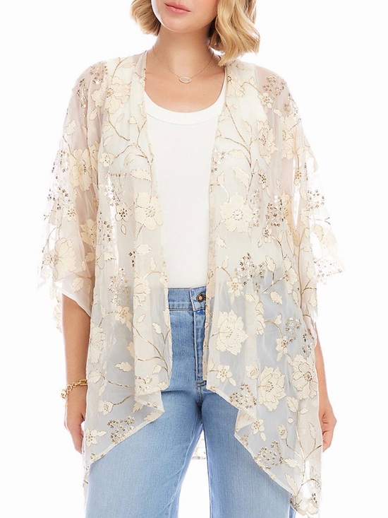 Karen Kane Jackets & Blazers - Karen Kane Sheer Floral Embroidered Open-Front Ivory and Gold Topper Jacket